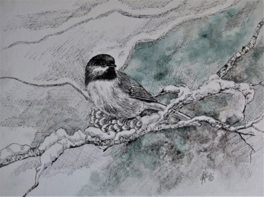 Dessin intitulée "mésange à tête noire" par Lynn Vaillancourt, Œuvre d'art originale, Aquarelle