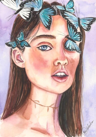 Картина под названием "Blue butterfly" - Валентина Гарматюк (WowValentine), Подлинное произведение искусства, Акварель