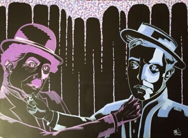 Schilderij getiteld "Chaplin vs Keaton" door Xale, Origineel Kunstwerk, Acryl Gemonteerd op Frame voor houten brancard