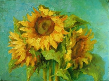 Painting titled "Sunflowers on blue" by Oxana Cherkassova, Original Artwork
