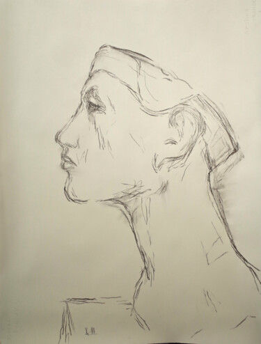 Drawing titled "TÊTE ÉGYPTIENNE" by Xavier Auffret, Original Artwork, Charcoal