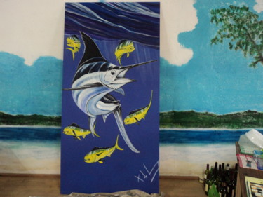 Peinture intitulée "Marlin et dorades" par Xavier De Lacaze, Œuvre d'art originale