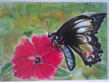 Painting titled "papillon butinant l…" by Xavier De Lacaze, Original Artwork