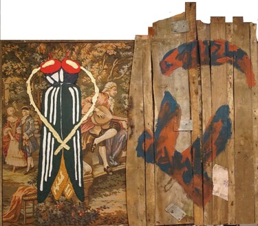 Collages getiteld "Monologue intérieur…" door Xavier Debeerst, Origineel Kunstwerk, Olie Gemonteerd op Frame voor houten bra…