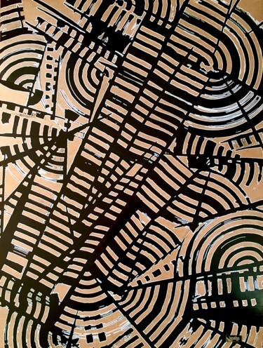 Painting titled "Lineotaggigraphie 11" by Xaro, Original Artwork, Ink Mounted on Wood Panel