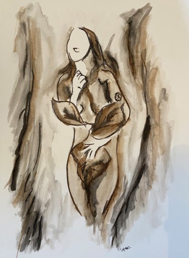 Dessin intitulée "Nue sous grande fle…" par Xavier Trobel, Œuvre d'art originale, Encre
