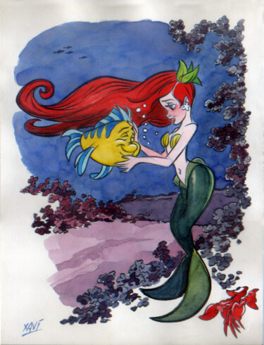 Painting titled "The Little Mermaid" by Xavier Vives Mateu, Original Artwork, Watercolor