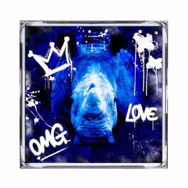 Digitale Kunst mit dem Titel "Rhino Pop Art" von Xavier Wttrwulghe, Original-Kunstwerk, Digitale Collage Auf Aluminium monti…