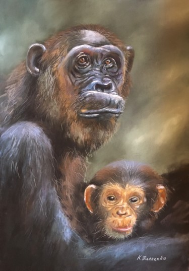 Desenho intitulada "Chimpanzees in the…" por Ksenia Lutsenko, Obras de arte originais, Pastel