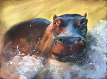 Σχέδιο με τίτλο "Hippo bath - wildli…" από Ksenia Lutsenko, Αυθεντικά έργα τέχνης, Παστέλ