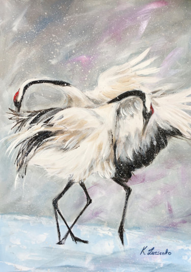 Painting titled "Two Cranes - birds…" by Ksenia Lutsenko, Original Artwork, Acrylic