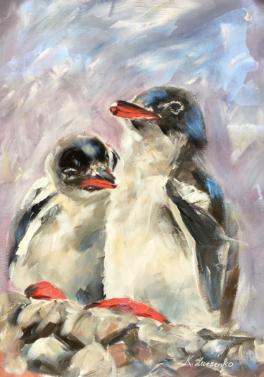Painting titled "Two penguins - bird…" by Ksenia Lutsenko, Original Artwork, Acrylic