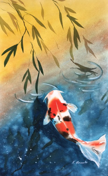 Pintura titulada "Autumn and koi fish…" por Ksenia Lutsenko, Obra de arte original, Acuarela