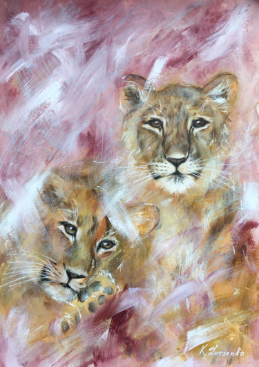 Painting titled "BROTHERS - lions cu…" by Ksenia Lutsenko, Original Artwork, Acrylic