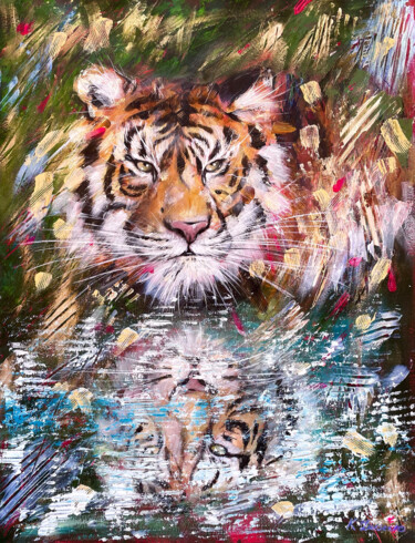 Painting titled "Tiger reflection" by Ksenia Lutsenko, Original Artwork, Acrylic