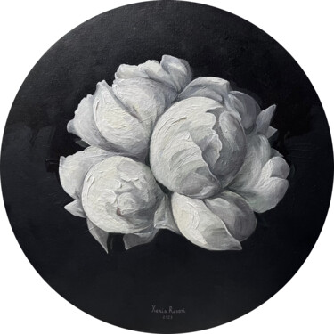 Painting titled "White peonies on bl…" by Xenia Rozari, Original Artwork, Oil