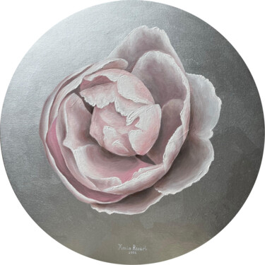 Painting titled "Pink peony on silver" by Xenia Rozari, Original Artwork, Oil Mounted on Wood Stretcher frame