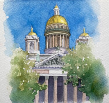 Painting titled "Saint Isaac's Cathe…" by Xeyale Bedelova, Original Artwork, Watercolor Mounted on Wood Panel