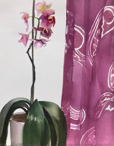 Картина под названием "orchid with a scarf" - Xeyale Bedelova, Подлинное произведение искусства, Акварель
