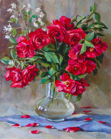Картина под названием "Красные розы" - Анна Сорока, Подлинное произведение искусства, Масло Установлен на Деревянная рама дл…