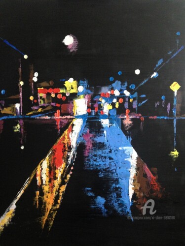 Painting titled "La nuit de la ville" by Xi Chen, Original Artwork, Oil
