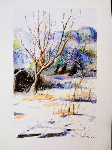 Drawing titled "Jardin sous la neige" by Xi Chen, Original Artwork, Watercolor