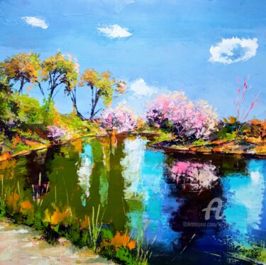Peinture intitulée "A river in spring 2" par Xi Chen, Œuvre d'art originale, Huile