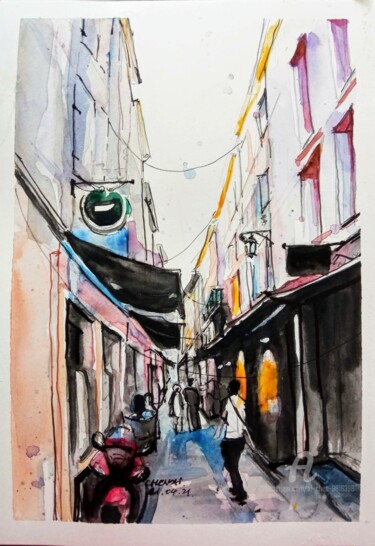 Schilderij getiteld "Rue de la Verrerie…" door Xi Chen, Origineel Kunstwerk, Aquarel