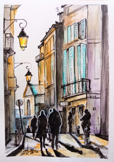 Disegno intitolato "Rue d'Aix au matin" da Xi Chen, Opera d'arte originale, Acquarello