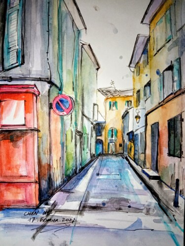 Zeichnungen mit dem Titel "Rue d'Aix fin de l'…" von Xi Chen, Original-Kunstwerk, Aquarell