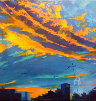 Painting titled "Sunset novembre 2022" by Xi Chen, Original Artwork, Oil Mounted on Wood Stretcher frame