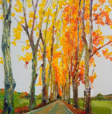Pintura titulada "The road in autumn" por Xi Chen, Obra de arte original, Oleo