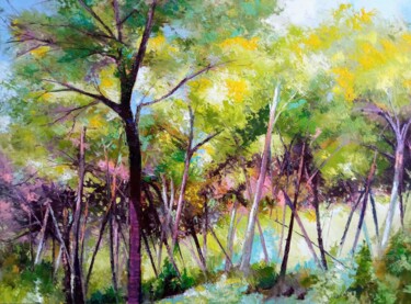 Painting titled "The pine forest bel…" by Xi Chen, Original Artwork, Oil Mounted on Wood Stretcher frame