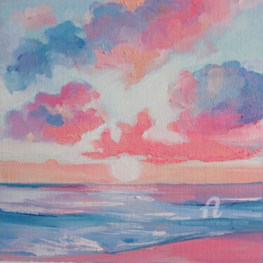 Painting titled "The pink sea view" by Xi Chen, Original Artwork, Oil