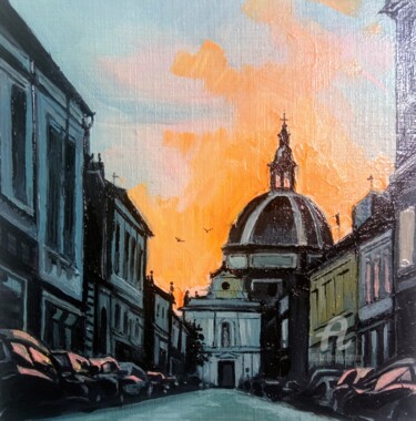 Painting titled "Lille at sunset" by Xi Chen, Original Artwork, Oil Mounted on Wood Panel