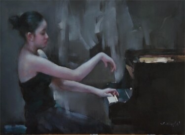 Schilderij getiteld "钢琴女子" door Xiao Chuan Zhang, Origineel Kunstwerk, Olie