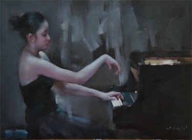 Pittura intitolato "钢琴女子" da Xiao Chuan Zhang, Opera d'arte originale, Olio