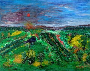 Painting titled "Green field under t…" by Xiaomei Li, Original Artwork, Acrylic Mounted on Wood Stretcher frame