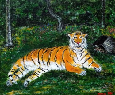 Painting titled "An old tiger" by Xiaomei Li, Original Artwork, Acrylic Mounted on Wood Stretcher frame