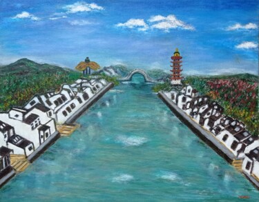 Malarstwo zatytułowany „Water villege in dr…” autorstwa Xiaomei Li, Oryginalna praca, Akryl