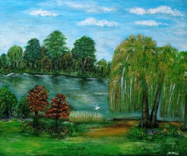 Painting titled "Willow trees by the…" by Xiaomei Li, Original Artwork, Acrylic Mounted on Wood Stretcher frame