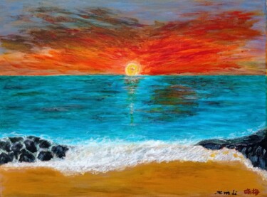 Painting titled "Sunrise on the beach" by Xiaomei Li, Original Artwork, Acrylic Mounted on Wood Stretcher frame
