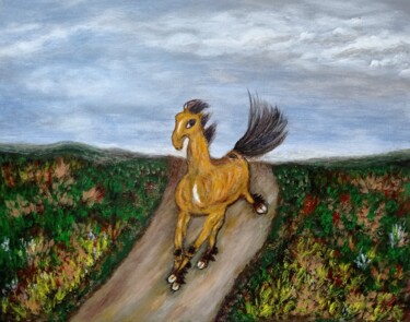 Painting titled "A running horse in…" by Xiaomei Li, Original Artwork, Acrylic Mounted on Wood Stretcher frame