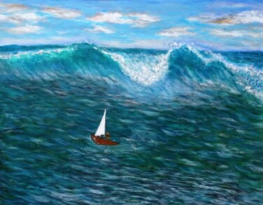 Schilderij getiteld "Sailing on the stor…" door Xiaomei Li, Origineel Kunstwerk, Acryl Gemonteerd op Frame voor houten branc…