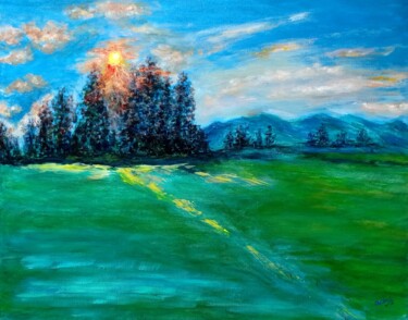 Painting titled "Twilight in the cou…" by Xiaomei Li, Original Artwork, Acrylic Mounted on Wood Stretcher frame