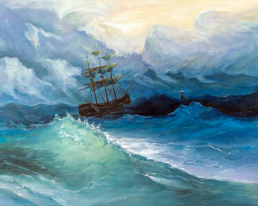 Painting titled "Nave nella tempesta" by Xiaoning Yu, Original Artwork, Oil Mounted on Other rigid panel
