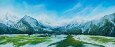 Painting titled "Snowy Mountains in…" by Xiaoning Yu, Original Artwork, Oil Mounted on Wood Stretcher frame