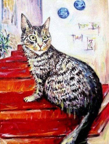 Schilderij getiteld "Portrait cat 2" door Xiaoning Yu, Origineel Kunstwerk, Olie