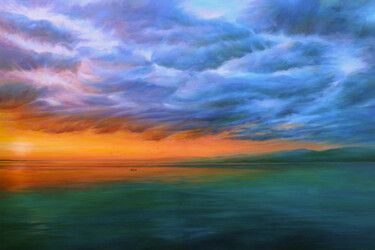 Painting titled "The sunset over Lak…" by Xiaoning Yu, Original Artwork, Oil Mounted on Wood Stretcher frame