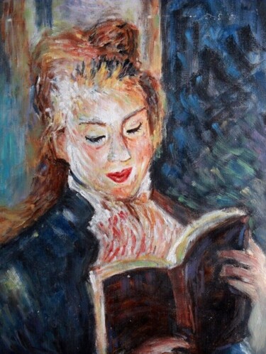 Painting titled "The Reader" by Xiaoning Yu, Original Artwork, Oil Mounted on Cardboard
